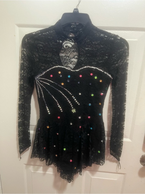Other - Black Lace Rhinestone Figure Skating Dress with Multicolored Gems
